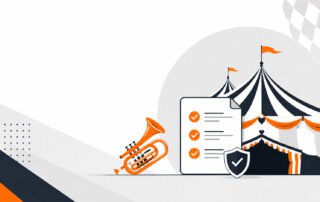 Illustration im max2-Stil: Festzelt mit orangefarbenen Wimpeln, Blasinstrument, abgehakte Genehmigungs-Checkliste und Schild-Symbol, Symbolbild für Content-Recht auf dem Oktoberfest